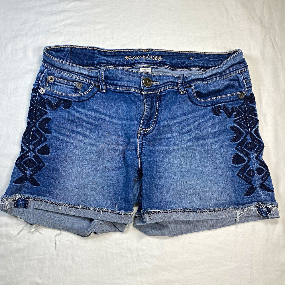 Maurices Girls Blue Denim Jean Shorts 16 REG Embroidered Geometric Medium Wash